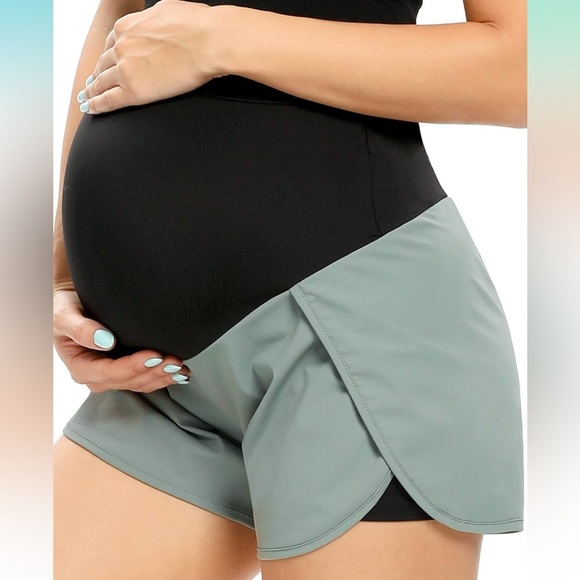 AMPOSH Women's Maternity Over Belly Buttery Soft Workout Short in Grey Sage - Picture 1 of 5